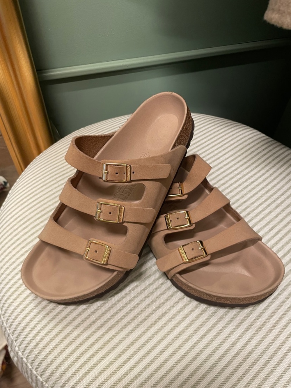 Birkenstock Three-Buckle Slide Sandals in Beige with Gold Buckles